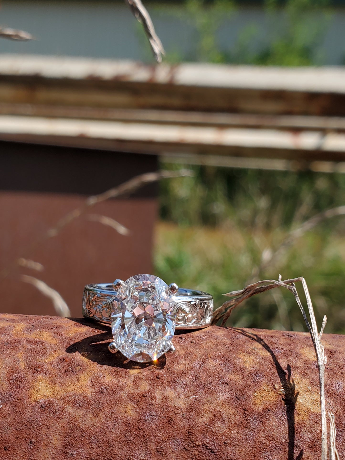 The Eleanor: 4ct Oval Engagement Ring, Hand-Engraved Western Engagement Ring, Cowgirl Engagement Ring, Floral Hand-Engraved Ring, 5mm White Gold Band