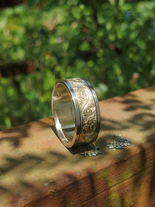 The Florian: Men's Western Wedding Ring, Two-tone 10K White and Yellow Gold Band with Hand-Engraved Swirls and Flowers, Women's Western Wedding Band