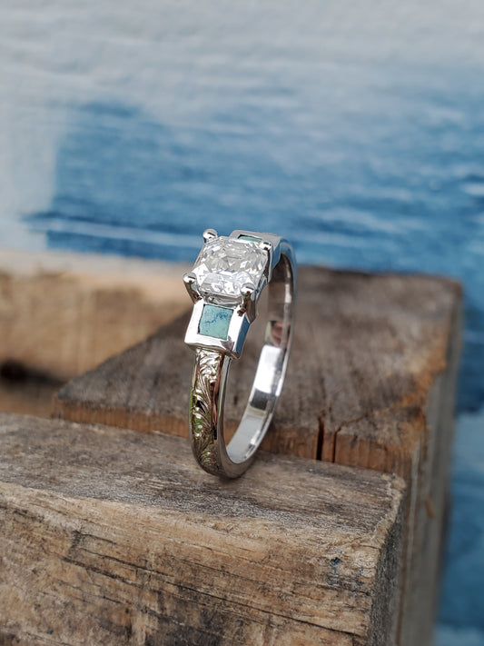 The Amy: Square Turquoise and Moissanite Ring, Sterling Silver Cowgirl Ring, Western Engagement ring, turquoise engagement ring, Floral engraved ring