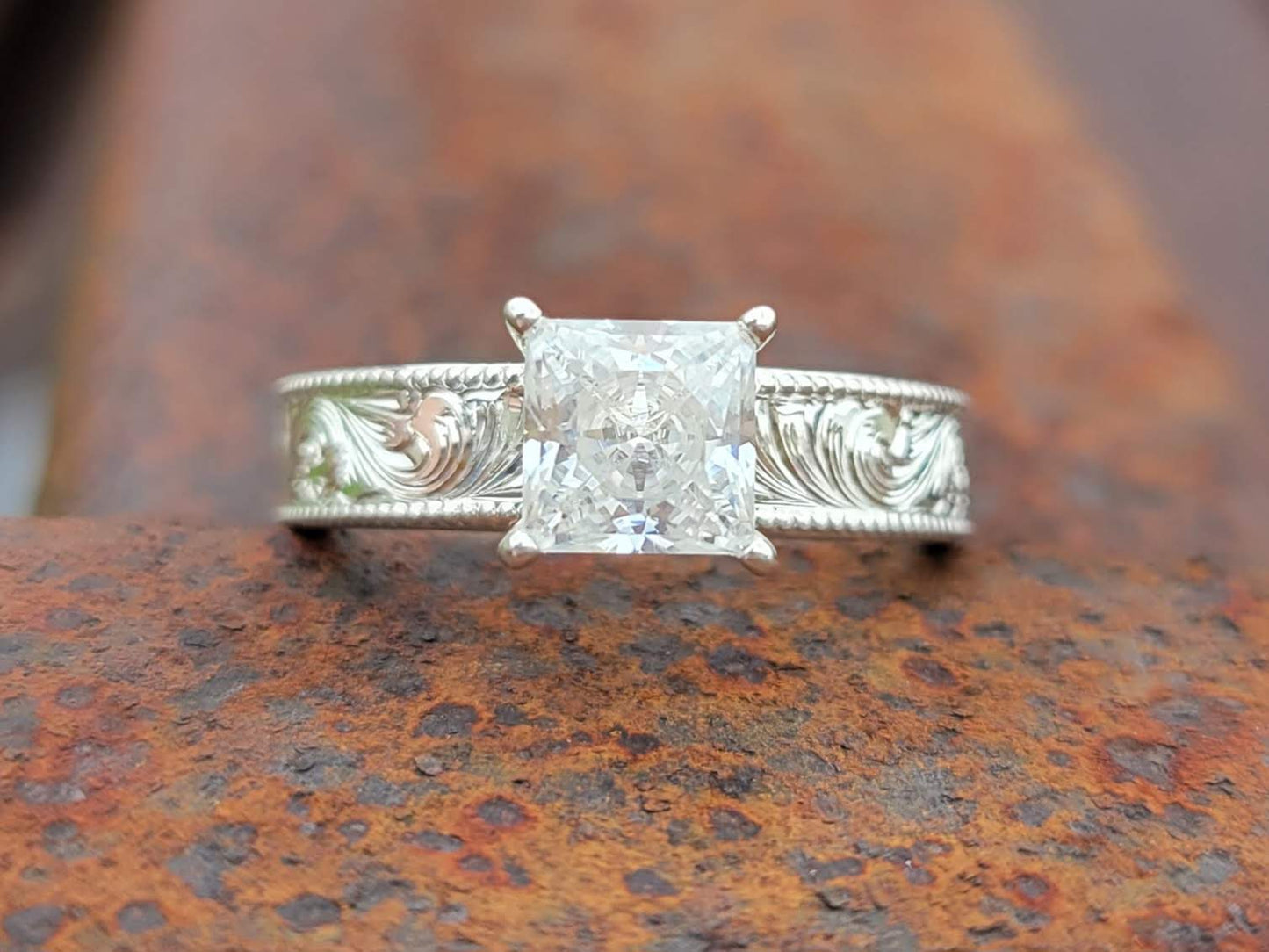 The Tawny with a Natural Diamond: 10K White Gold Ring, Square Princess Cut ring, western engagement ring, cowgirl ring, white gold engagement ring