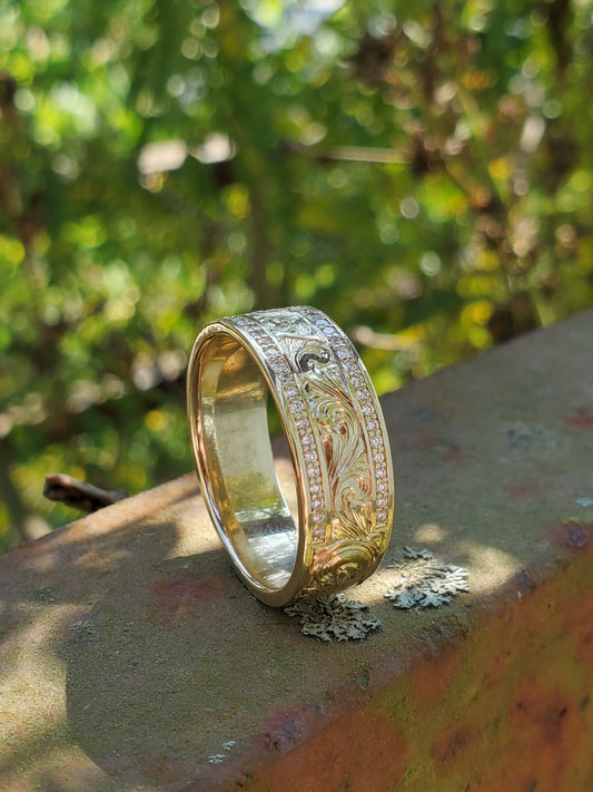 The Mateo: 10K Yellow Gold Men's Band With Channel Set Lab Diamonds, 8mm or 10mm Cowboy Wedding Band, Hand-Engraved Men's Ring