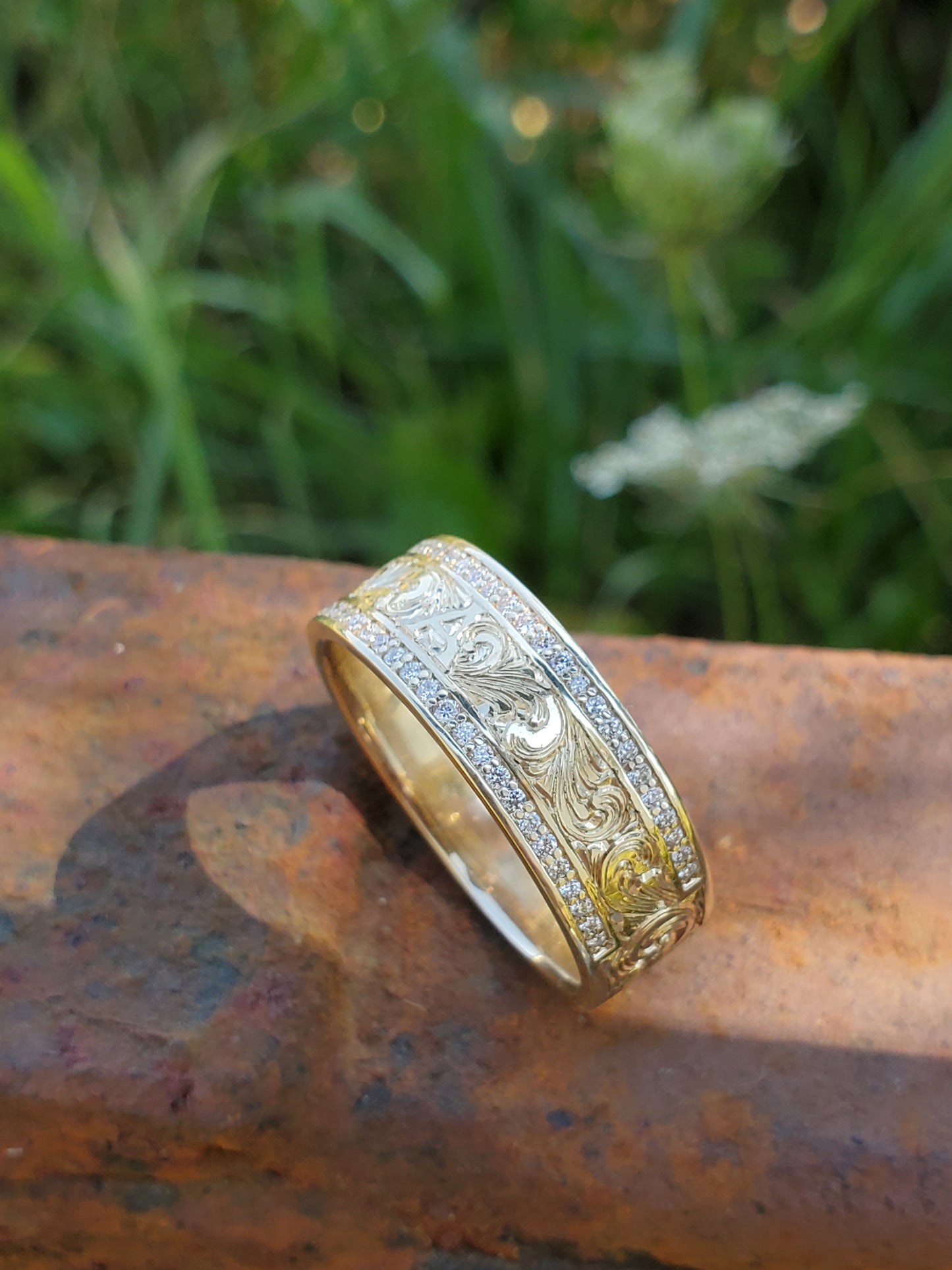 The Mateo: 10K Yellow Gold Men's Band With Channel Set Diamonds, 8mm or 10mm Cowboy Wedding Band, Hand-Engraved Men's Ring