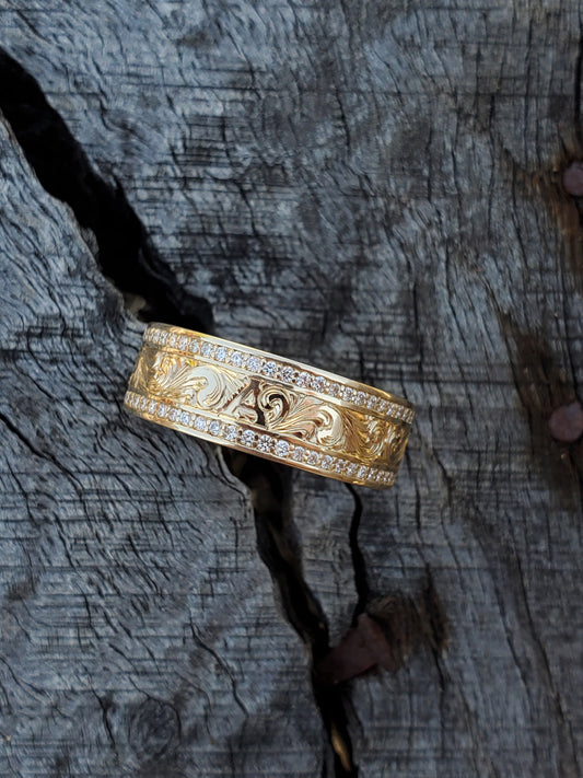 The Mateo: 10K Yellow Gold Men's Band With Channel Set Lab Diamonds, 8mm or 10mm Cowboy Wedding Band, Hand-Engraved Men's Ring