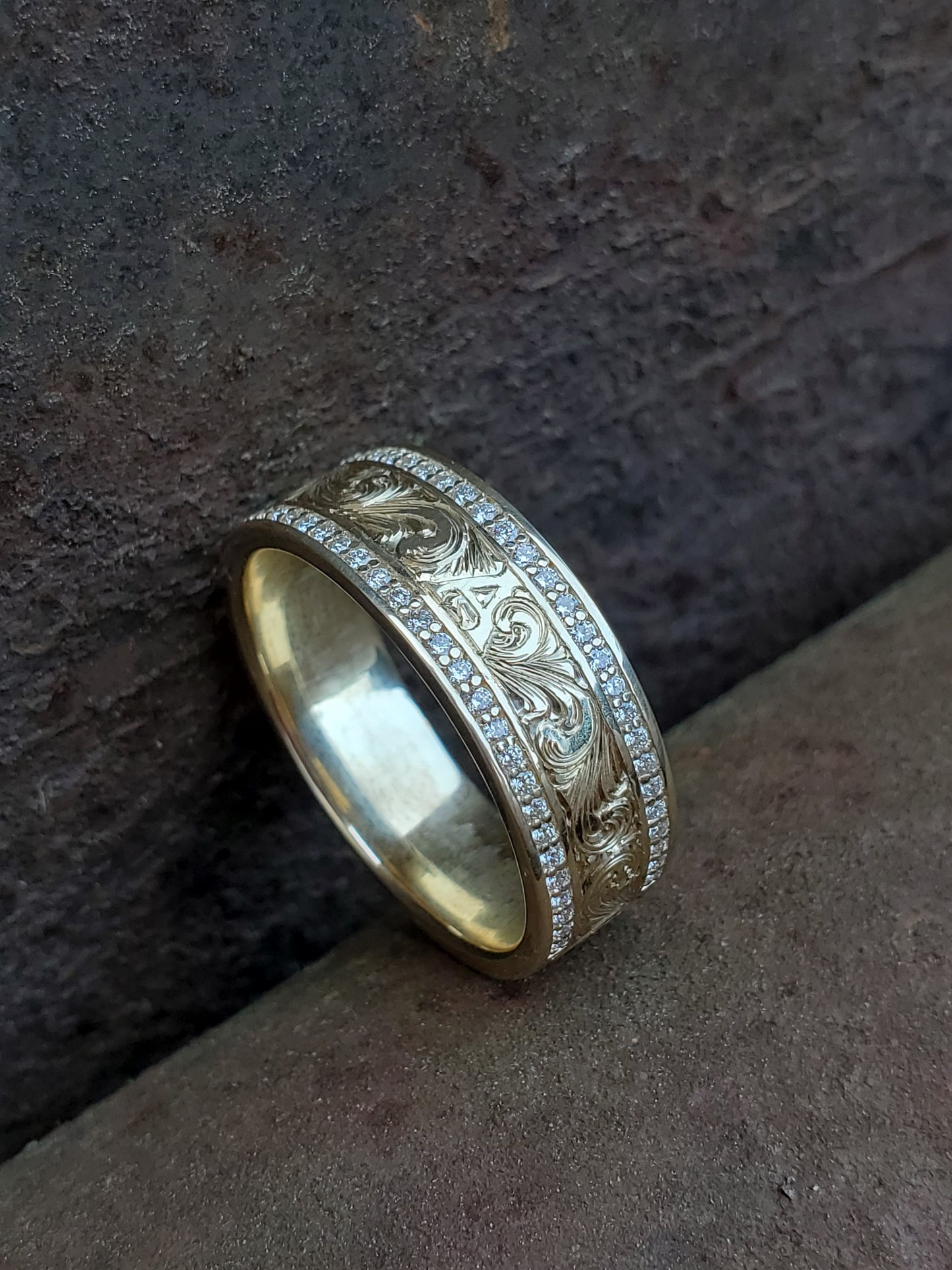 The Mateo: 10K Yellow Gold Men's Band With Channel Set Diamonds, 8mm or 10mm Cowboy Wedding Band, Hand-Engraved Men's Ring