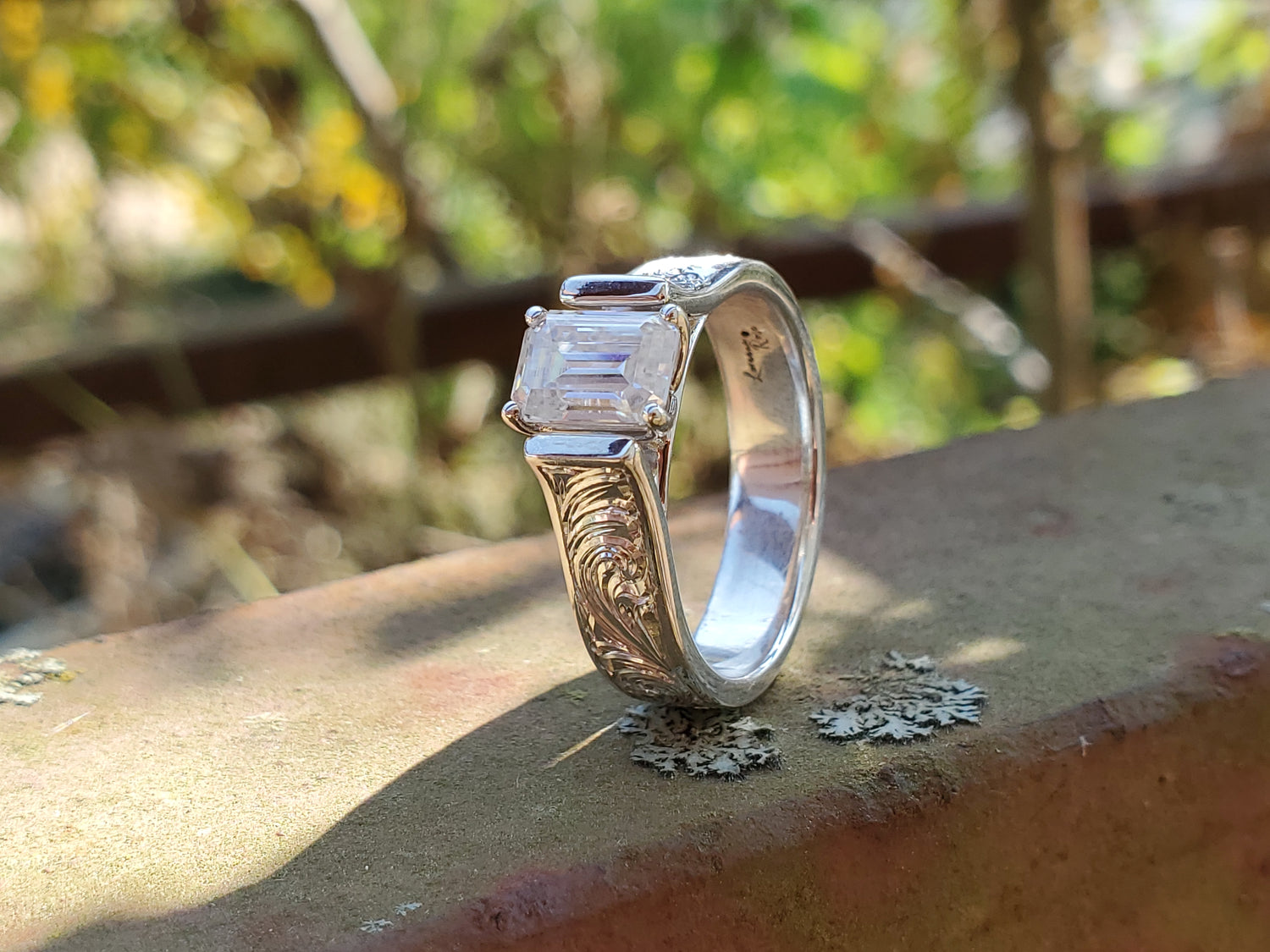 The Aria: 1.5ct Emerald Cut Cathedral Engagement Ring, Western Engagement Ring, Bead Edge Detail and Fully Hand Engraved 10K or 18K White Gold or Platinum