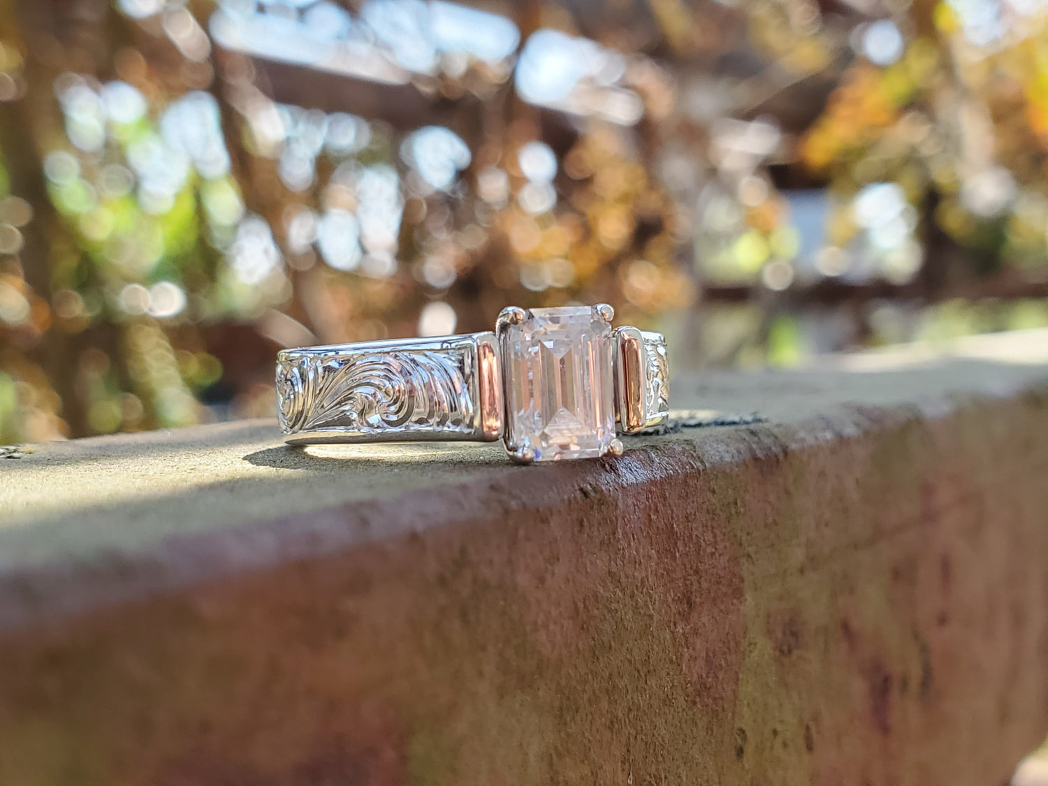 The Aria: 1.5ct Emerald Cut Cathedral Engagement Ring, Western Engagement Ring, Bead Edge Detail and Fully Hand Engraved 10K or 18K White Gold or Platinum