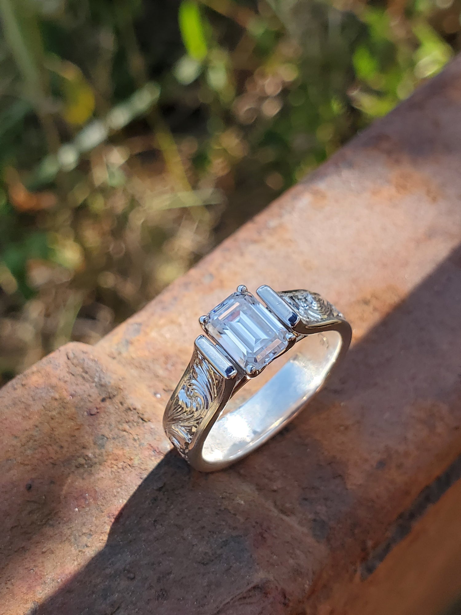 The Aria: 1.5ct Emerald Cut Cathedral Engagement Ring, Western Engagement Ring, Bead Edge Detail and Fully Hand Engraved 10K or 18K White Gold or Platinum