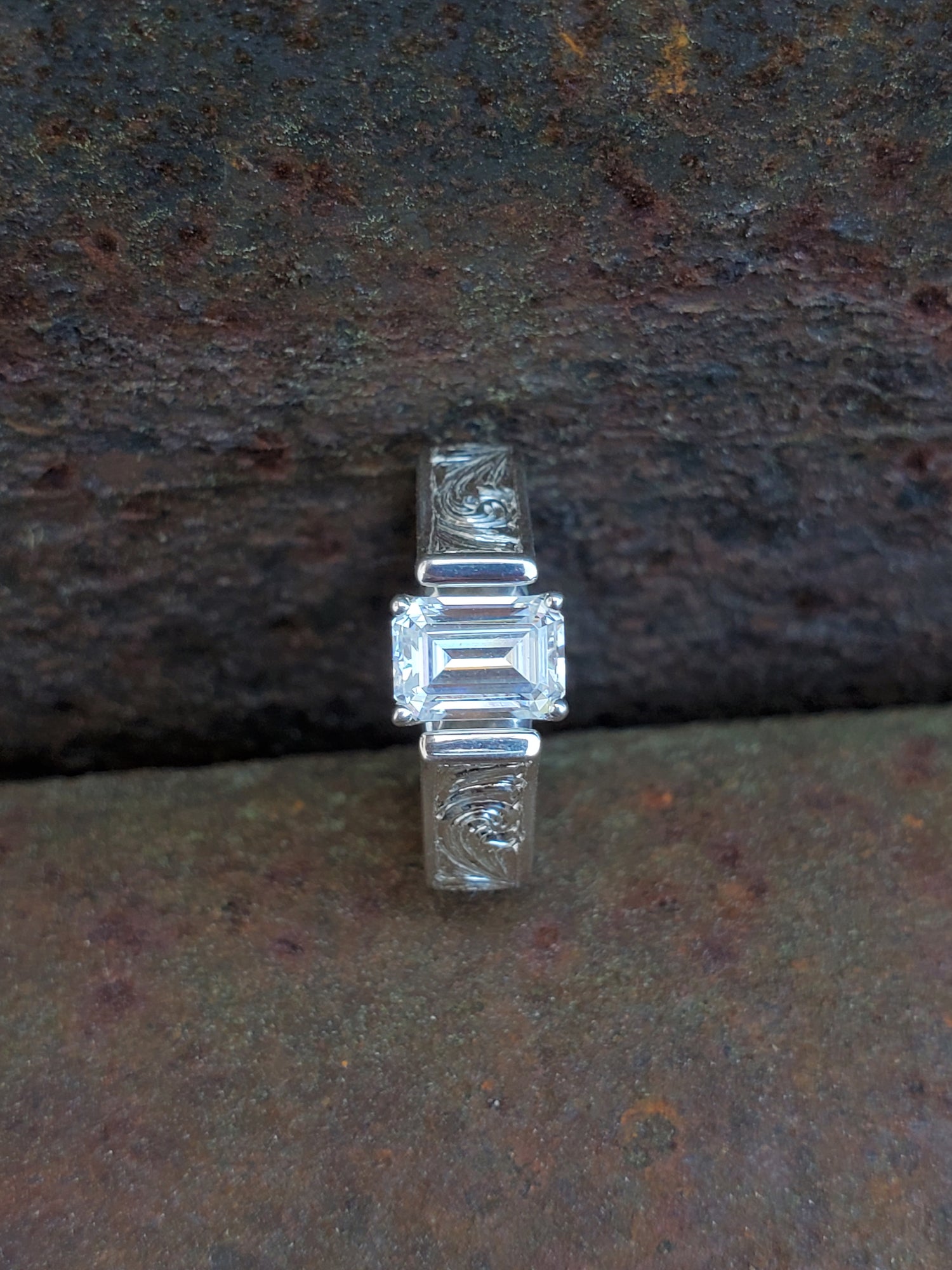 The Aria: 1.5ct Emerald Cut Cathedral Engagement Ring, Western Engagement Ring, Bead Edge Detail and Fully Hand Engraved 10K or 18K White Gold or Platinum
