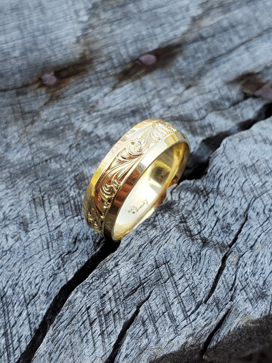 The Hyde: Beveled Edge Men's Wedding Band in Yellow Gold, Comfort Fit Men's Wedding Band, Hand-Engraved Beveled Edge Ring, Western Wedding Band For Him, Cowboy Wedding Ring