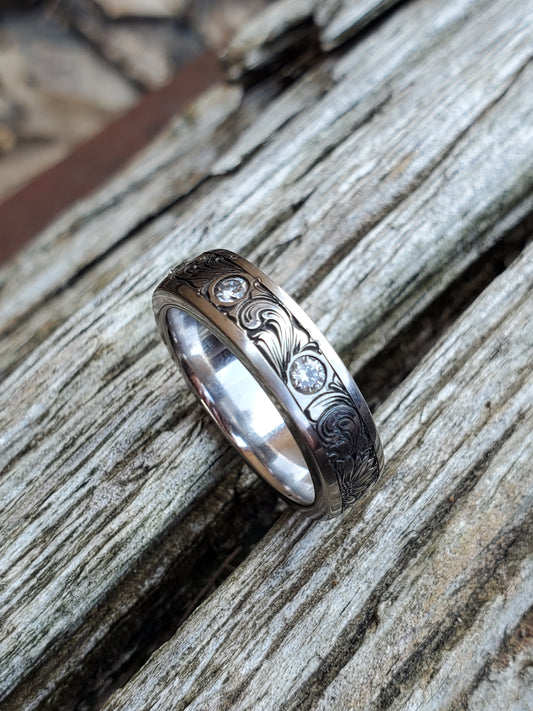 The Taylah: 6mm Wedding Band with Diamonds and Scrollwork, Women's Western Wedding band, Chunky Women's Wedding Ring, Hand-Engraved Ring, Wide Wedding Band for Her, Engraved flower wedding ring