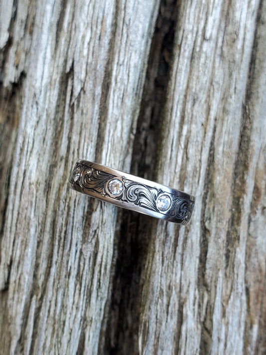 The Taylah: 6mm Wedding Band with Diamonds and Scrollwork, Women's Western Wedding band, Chunky Women's Wedding Ring, Hand-Engraved Ring, Wide Wedding Band for Her, Engraved flower wedding ring