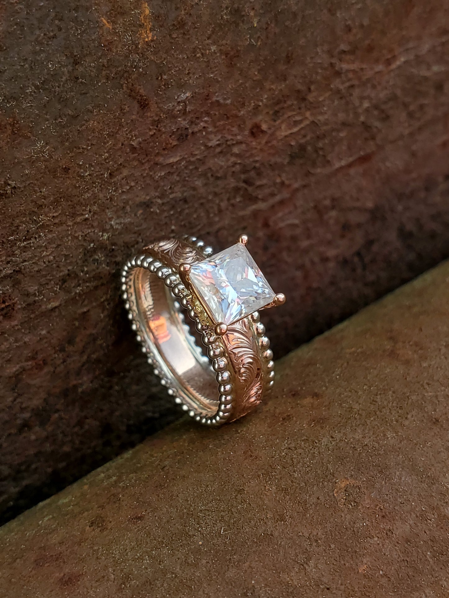 The Brinley: Bead-Edge Engagement Ring with 1.25 CT Center Stone, Western Engagement Ring, Cowgirl Wedding Ring, Hand-Engraved Rose Gold Engagement Ring