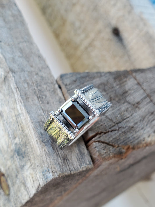 The Raven: Wide Cathedral Style Ring, Alternative Engagement Ring, 1.5ct. Black Center Stone Engagement Ring, Hand-Engraved Feather Ring, Western Cowgirl Ring