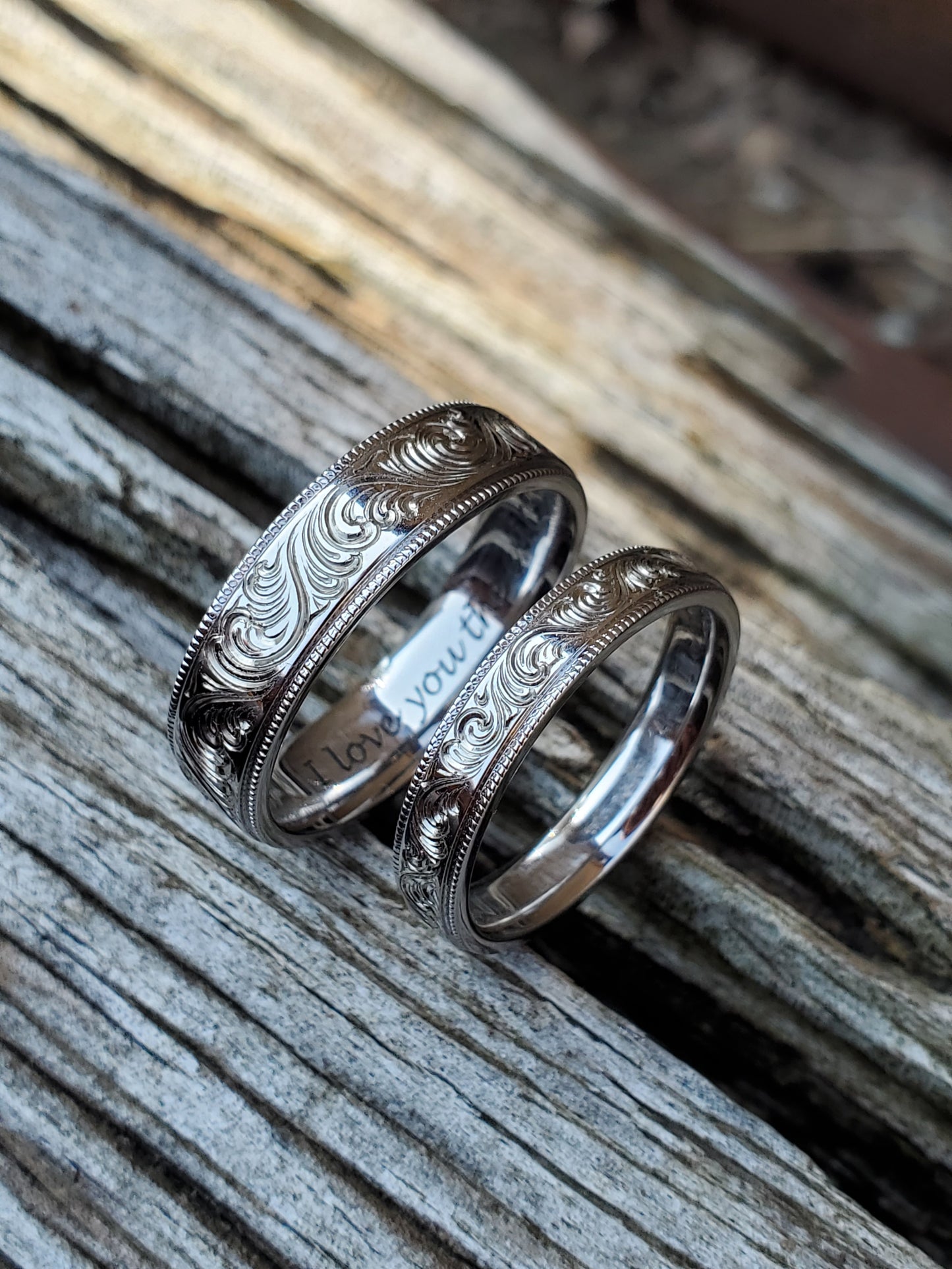 The Oakley: Sterling Silver or White Gold Milgrain Edge Hand Engraved Men's Wedding Band, Women's Wedding Band, Hand Engraved Western Ring