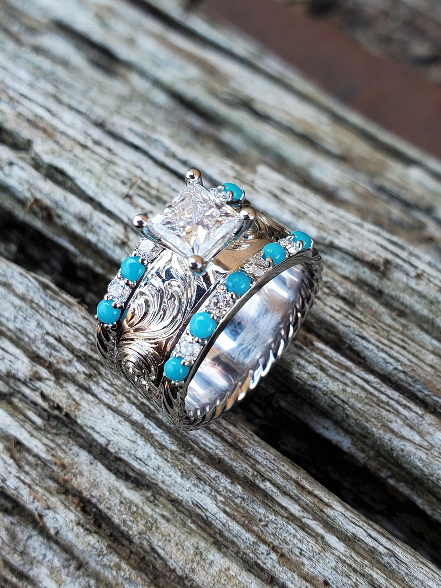 The Mika: Alternating Diamond and Turquoise Engagement Ring with Princess Cut Lab Diamond Center, Hand-Engraved Western Engagement Ring, Cowgirl Ring, Tooled Engagement Ring