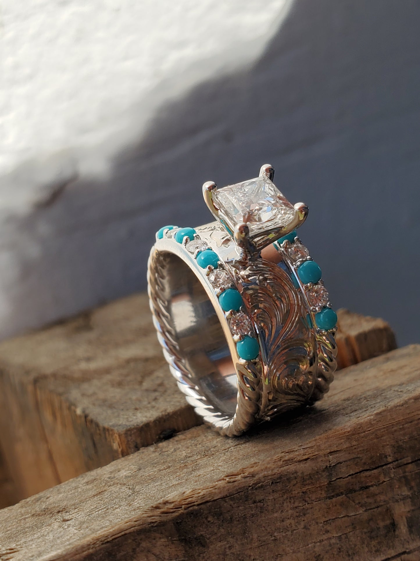 The Mika: Alternating Diamond and Turquoise Engagement Ring with Princess Cut Lab Diamond Center, Hand-Engraved Western Engagement Ring, Cowgirl Ring, Tooled Engagement Ring