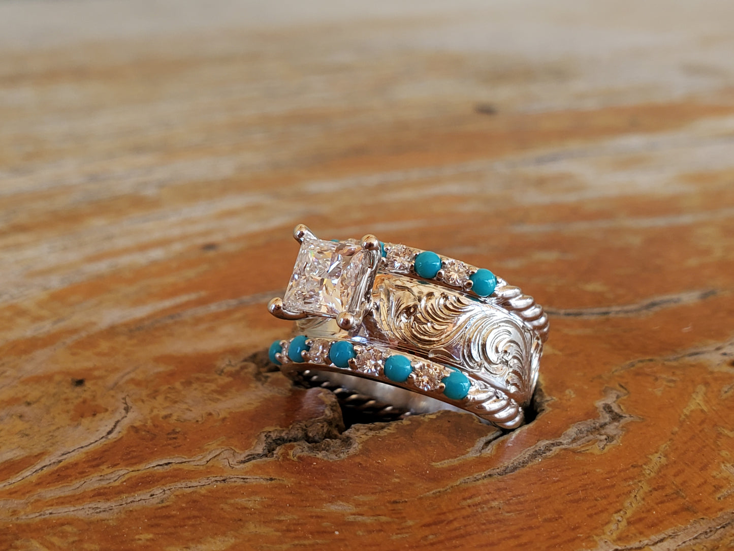 The Mika: Alternating Diamond and Turquoise Engagement Ring with Princess Cut Lab Diamond Center, Hand-Engraved Western Engagement Ring, Cowgirl Ring, Tooled Engagement Ring