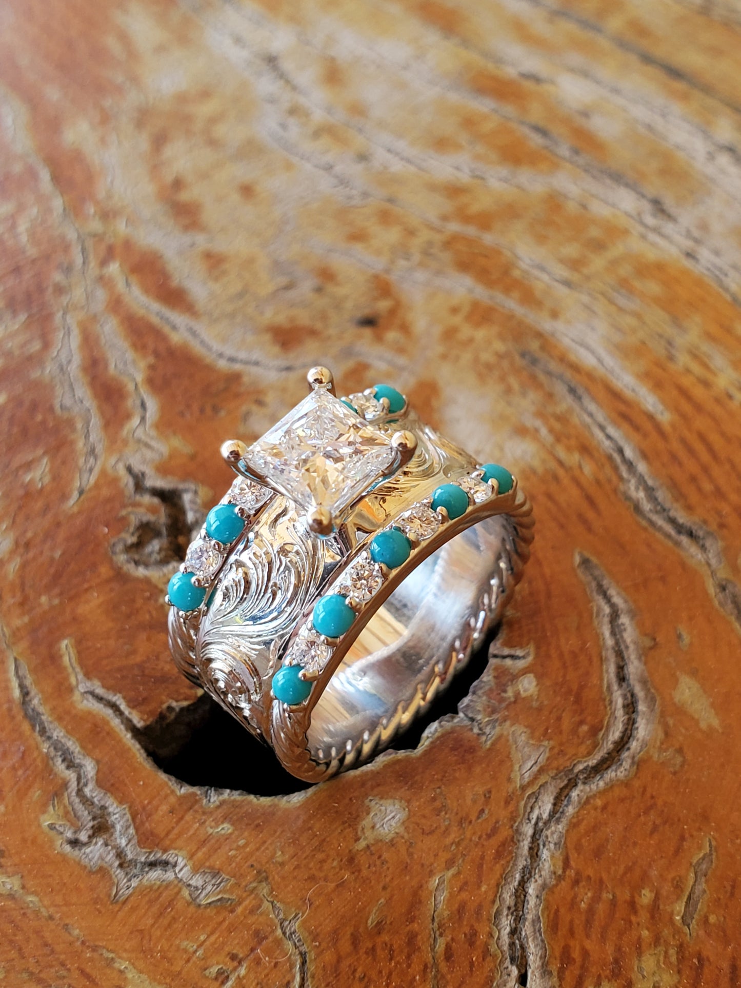 The Mika: Alternating Diamond and Turquoise Engagement Ring with Princess Cut Lab Diamond Center, Hand-Engraved Western Engagement Ring, Cowgirl Ring, Tooled Engagement Ring