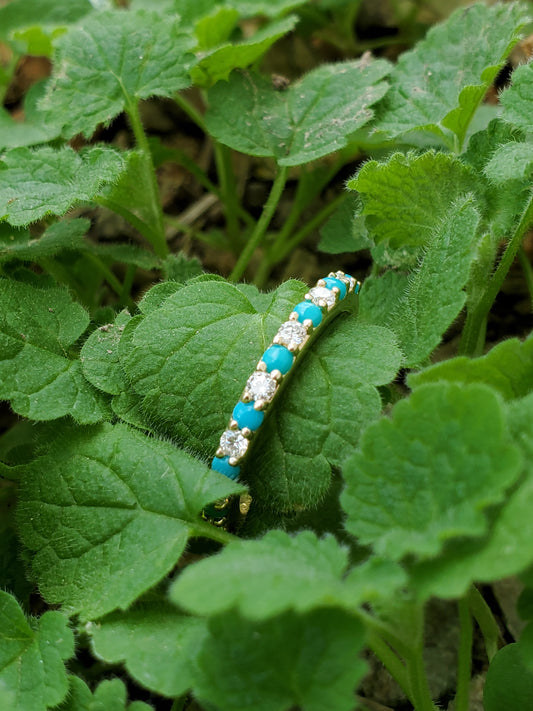 The Cassie in Yellow Gold: 10K Gold Band with Alternating Diamonds and Turquoise, Western Wedding bands, white gold and diamond wedding band, Western anniversary ring, Turquoise and Diamond Stacking Band