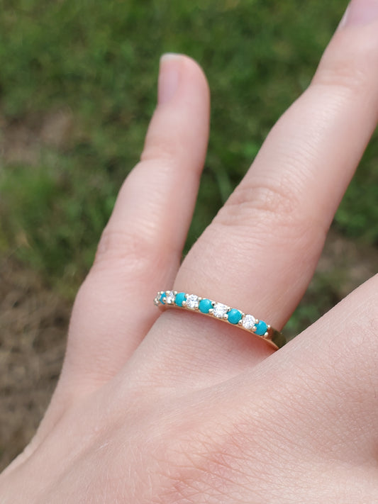 The Cassie in Yellow Gold: 10K Gold Band with Alternating Diamonds and Turquoise, Western Wedding bands, white gold and diamond wedding band, Western anniversary ring, Turquoise and Diamond Stacking Band