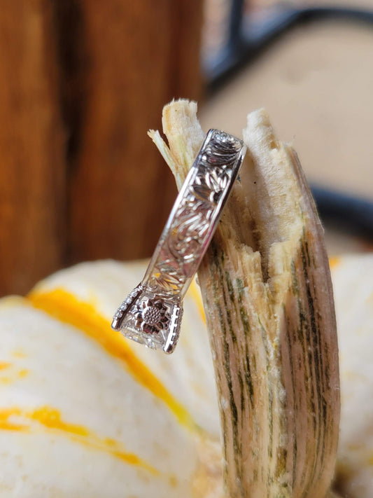 IMMEDIATE SHIP Solana in Sz. 7, 7.25, or 7.5 in platinum with lab diamond, Floral Engagement Ring, Sunflower White Gold Ring, Hand-Engraved Sunflower Engagement Ring, Western Bridal Ring, Cowgirl Ring