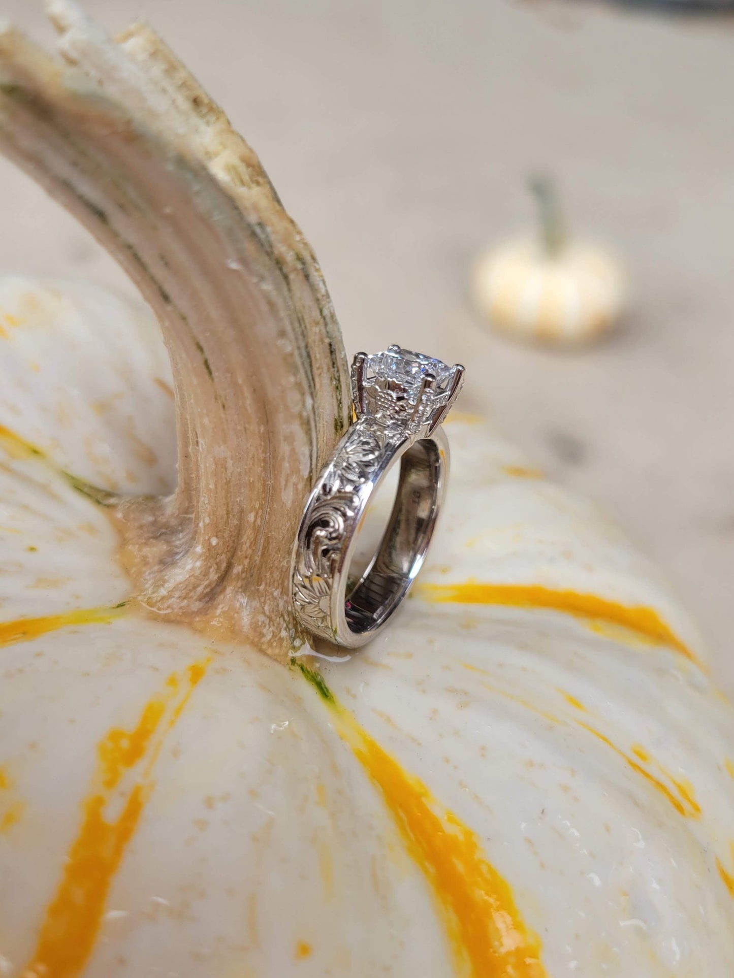 The Solana: Floral Engagement Ring, Sunflower White Gold Ring, Hand-Engraved Sunflower Engagement Ring, Western Bridal Ring, Cowgirl Ring