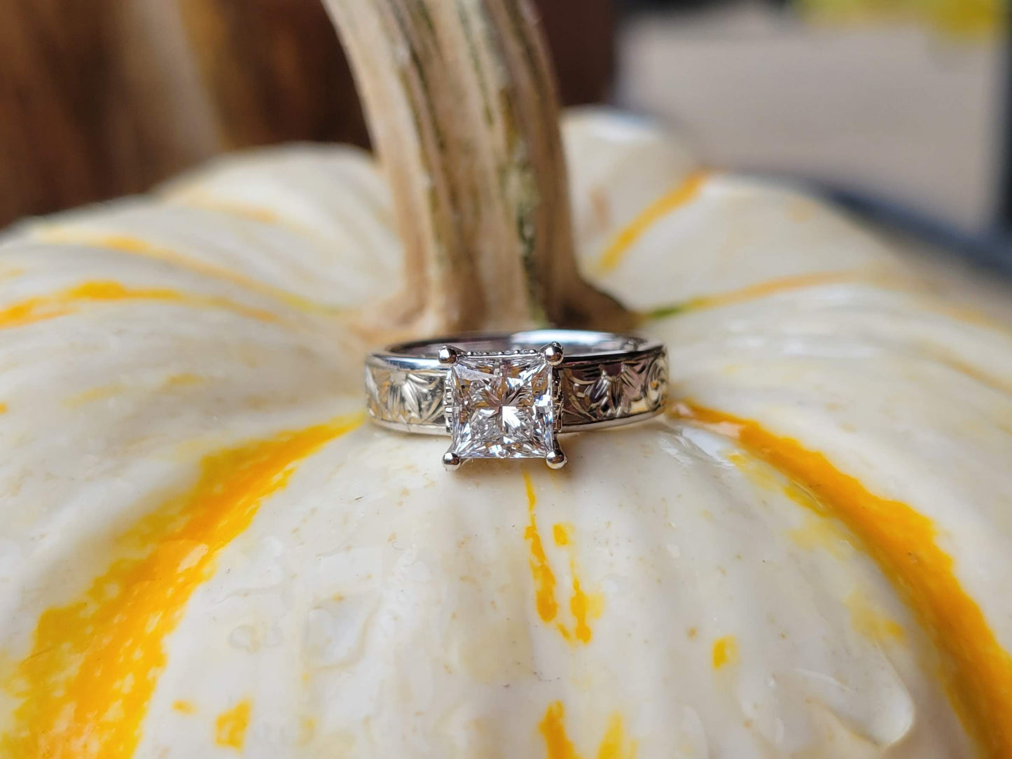 The Solana: Floral Engagement Ring, Sunflower White Gold Ring, Hand-Engraved Sunflower Engagement Ring, Western Bridal Ring, Cowgirl Ring