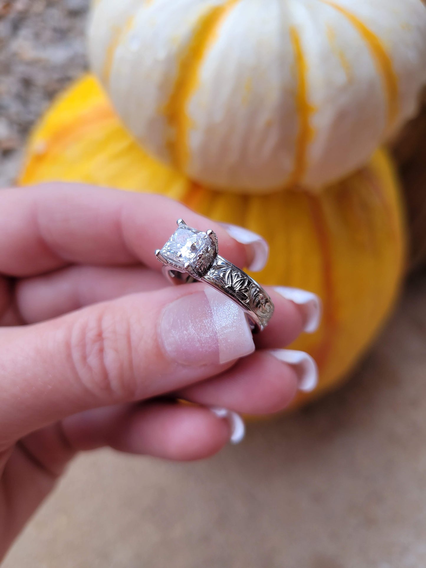 The Solana: Floral Engagement Ring, Sunflower White Gold Ring, Hand-Engraved Sunflower Engagement Ring, Western Bridal Ring, Cowgirl Ring