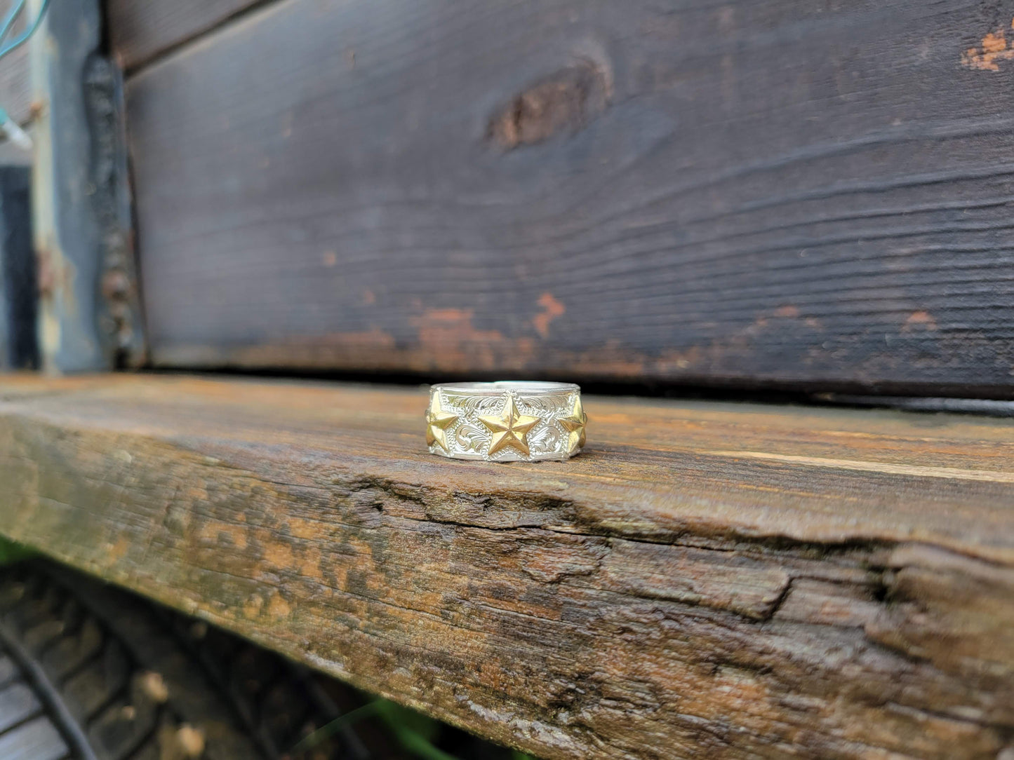 The Orion: 10mm Men's Band with Three Yellow Gold Stars and Hand-Engraved Scrollwork, Western Men's Band, Wide Cowboy Wedding Band