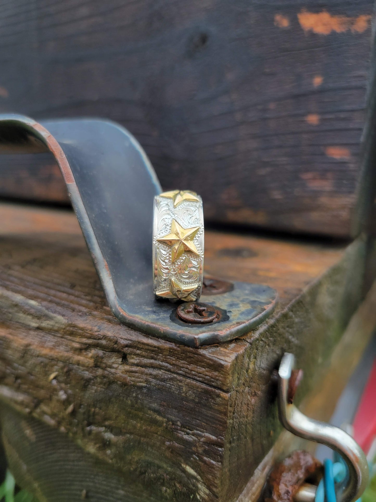 The Orion: 10mm Men's Band with Three Yellow Gold Stars and Hand-Engraved Scrollwork, Western Men's Band, Wide Cowboy Wedding Band