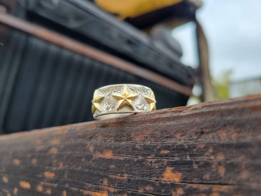 The Orion: 10mm Men's Band with Three Yellow Gold Stars and Hand-Engraved Scrollwork, Western Men's Band, Wide Cowboy Wedding Band