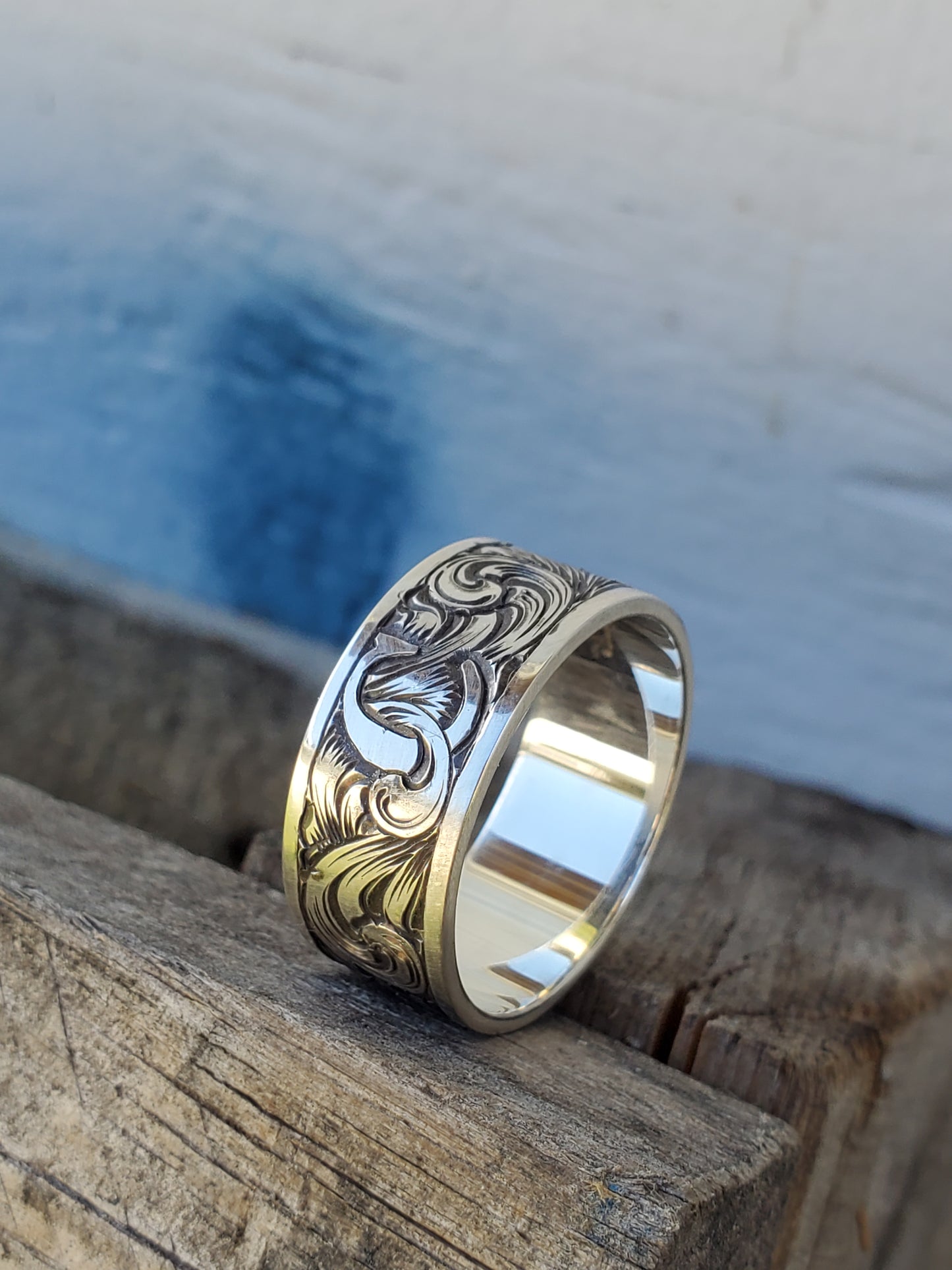 The Jason: Custom Initial Sterling Silver Men's Band, White Gold Western Wedding Band, Cowboy Wedding Band with Hand-Engraved Scrollwork, Wedding Band with Custom Letter Engraving