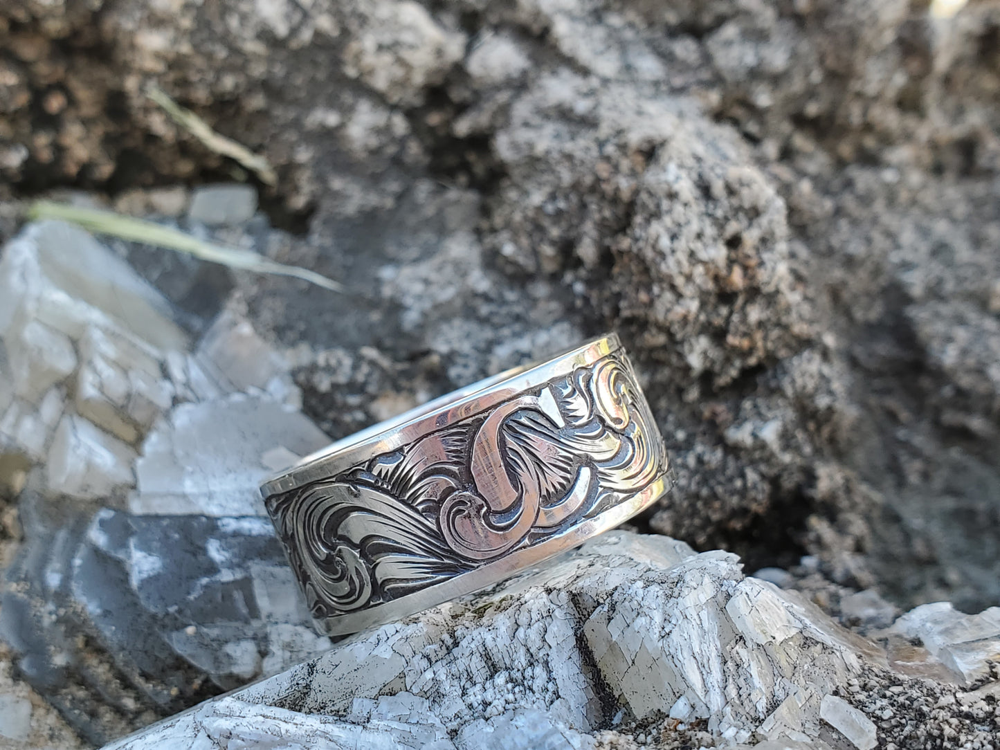 The Jason: Custom Initial Sterling Silver Men's Band, White Gold Western Wedding Band, Cowboy Wedding Band with Hand-Engraved Scrollwork, Wedding Band with Custom Letter Engraving