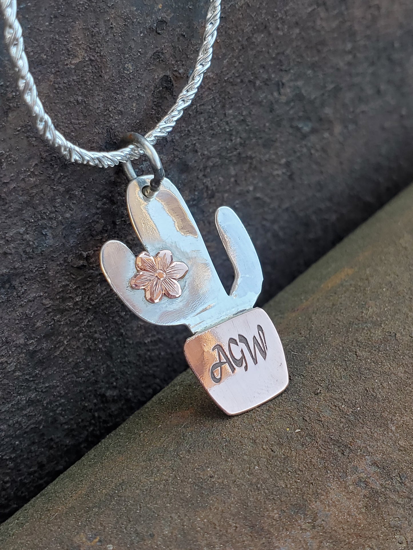 Cactus Pendant With Custom Initials, Copper and Sterling Silver Little Girl's Pendant, Cowgirl Gift for Girls, Gift For Cactus Lover, Two-Tone Western Necklace