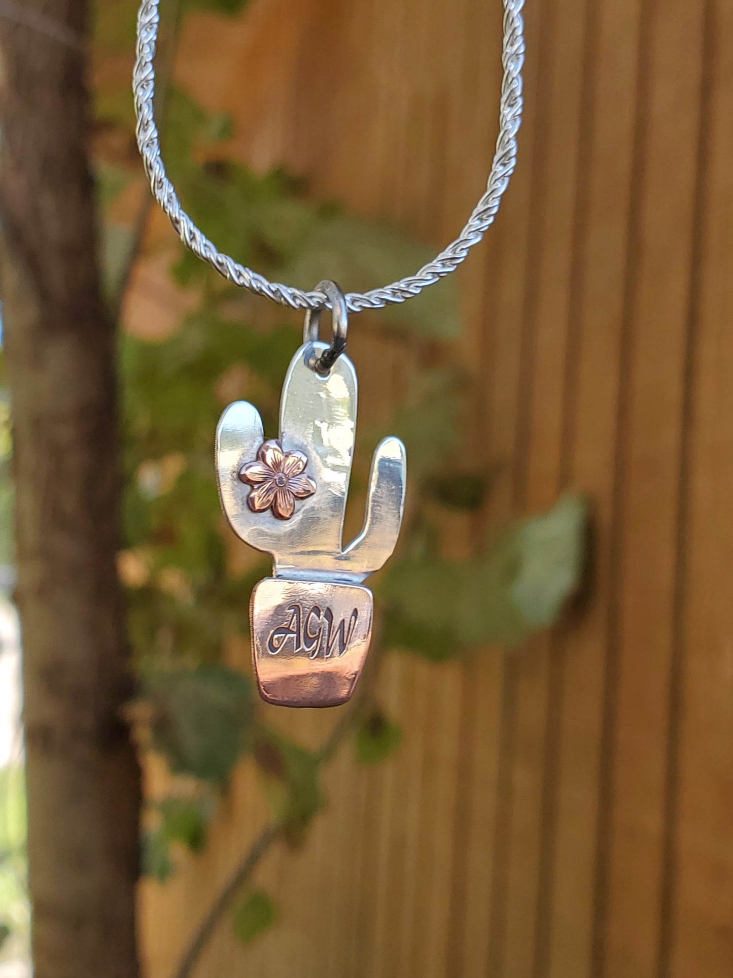 Cactus Pendant With Custom Initials, Copper and Sterling Silver Little Girl's Pendant, Cowgirl Gift for Girls, Gift For Cactus Lover, Two-Tone Western Necklace