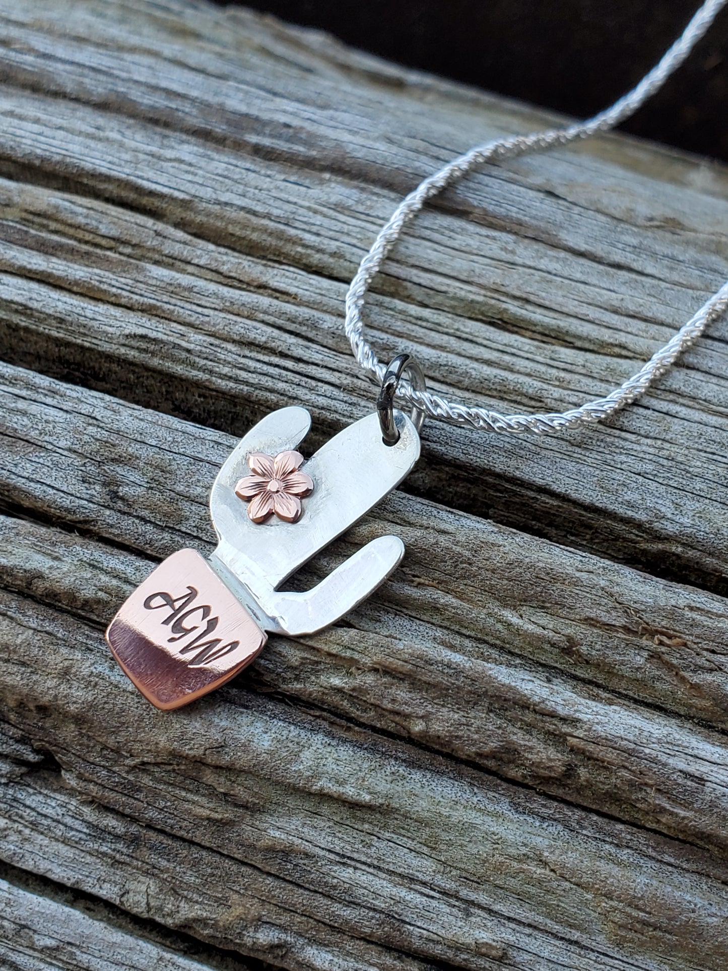 Cactus Pendant With Custom Initials, Copper and Sterling Silver Little Girl's Pendant, Cowgirl Gift for Girls, Gift For Cactus Lover, Two-Tone Western Necklace