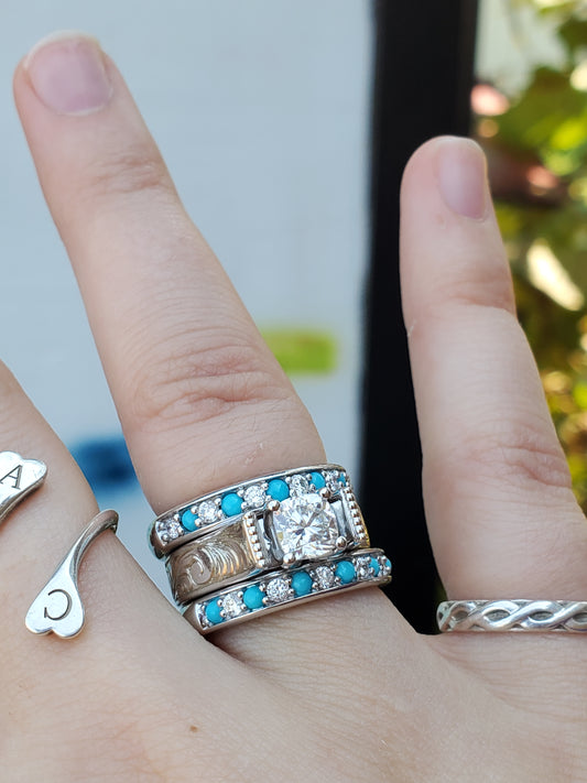 The Ava: Cushion set Cathedral Engagement Ring, Western Engagement Ring, Bead Edge Detail and Fully Hand Egraved 10K or 18K White Gold