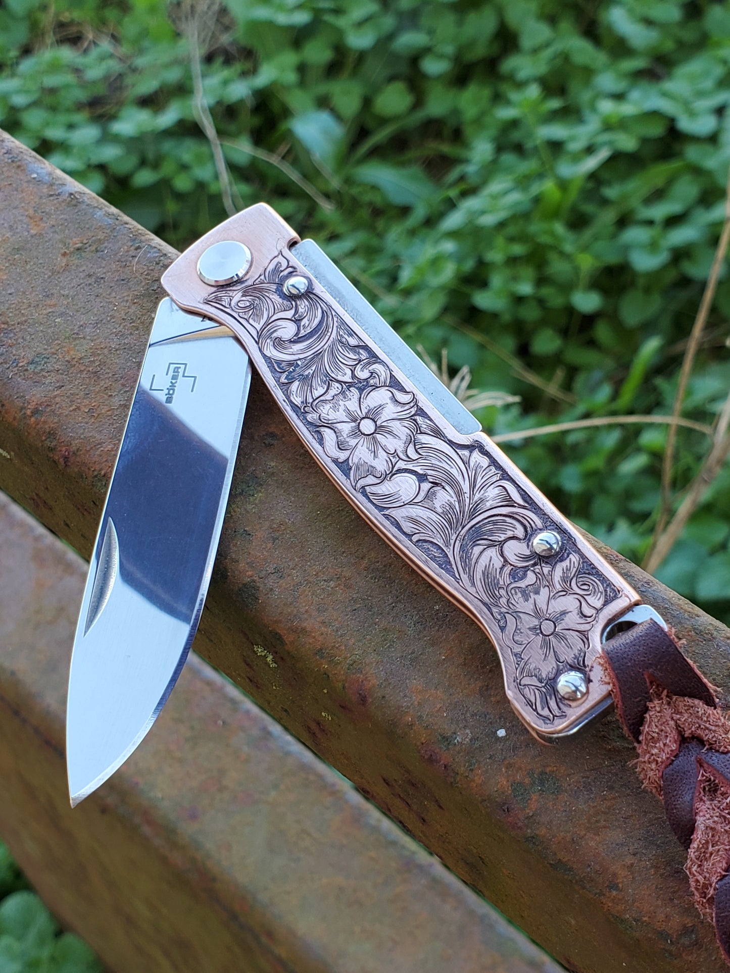 Hand-Engraved Copper Boker Pocket Knife, Western Gifts for Him, Cowboy Gifts, Hand-Engraved Knife, Hand Tooled Knife