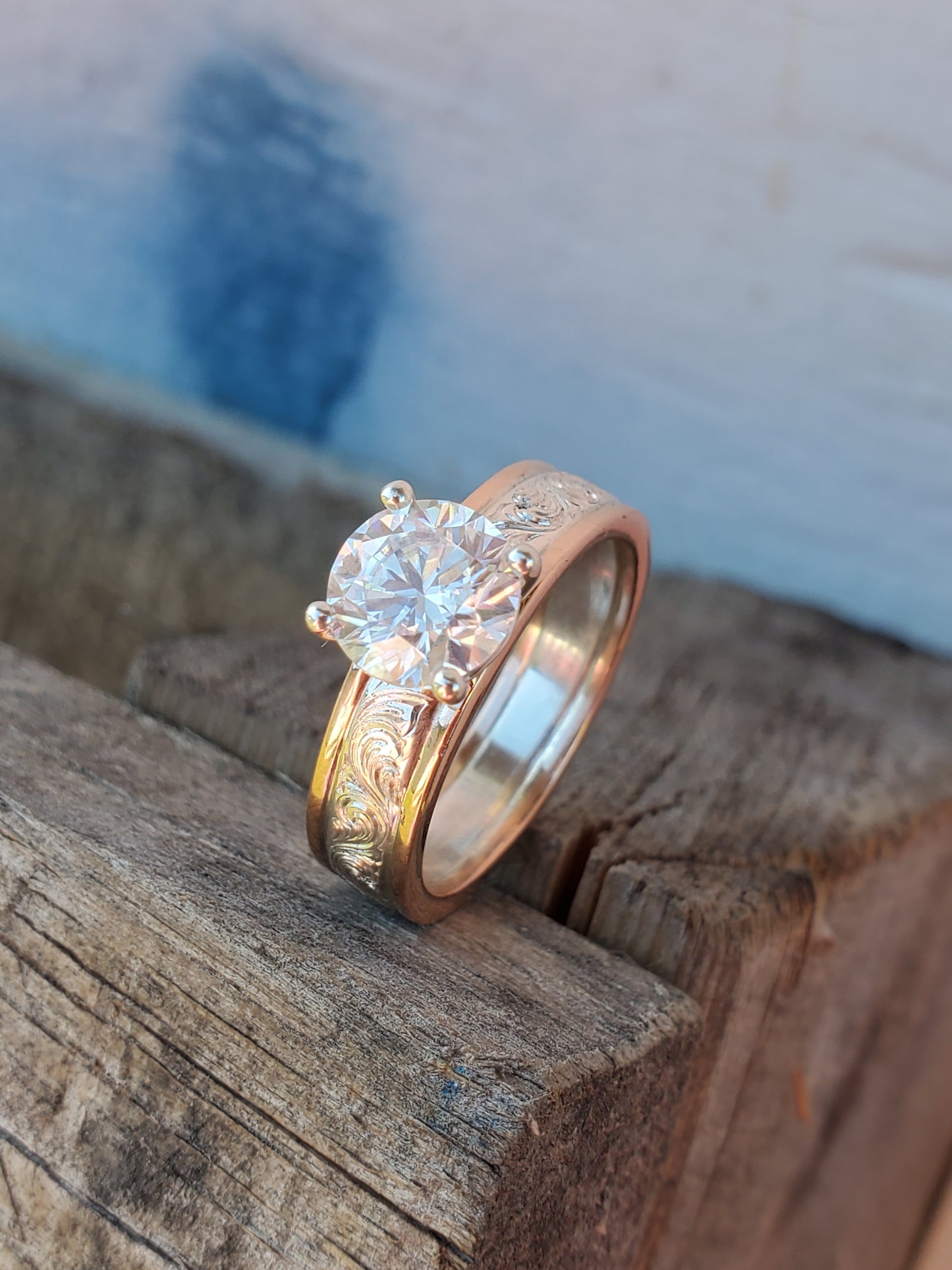 IMMEDIATE SHIP sz. 7 Jada in 10K with Moissanite: Two-Tone Hand-Engraved Western Engagement Ring with 1.25ct Moissanite, Cowgirl Engagement Ring