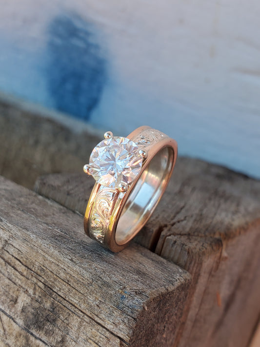 IMMEDIATE SHIP sz. 7 Jada in 10K with Moissanite: Two-Tone Hand-Engraved Western Engagement Ring with 1.25ct Moissanite, Cowgirl Engagement Ring