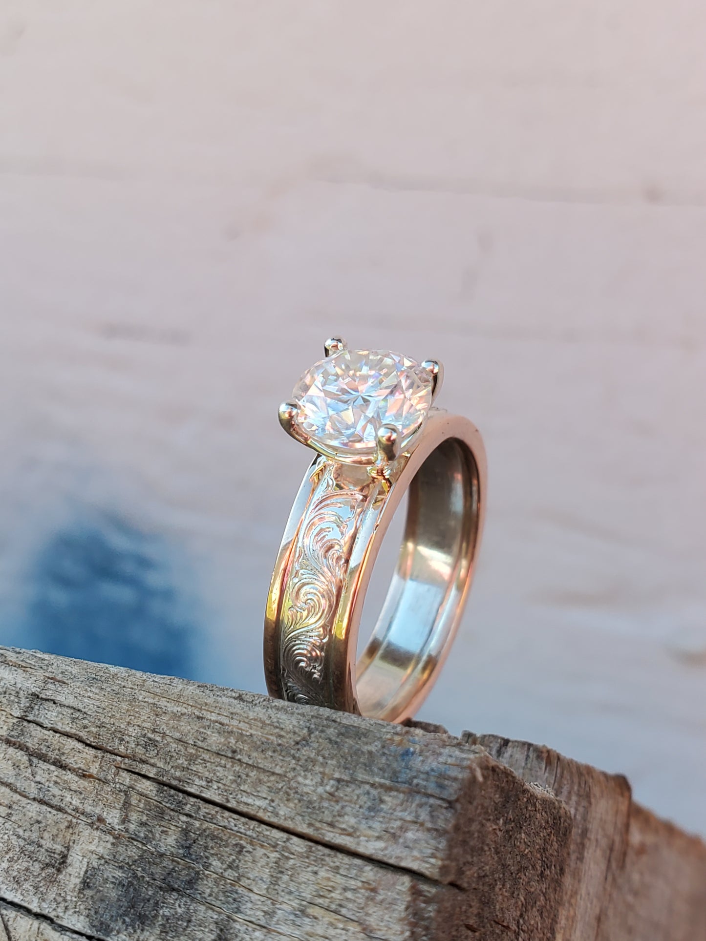 IMMEDIATE SHIP sz. 7 Jada in 10K with Moissanite: Two-Tone Hand-Engraved Western Engagement Ring with 1.25ct Moissanite, Cowgirl Engagement Ring