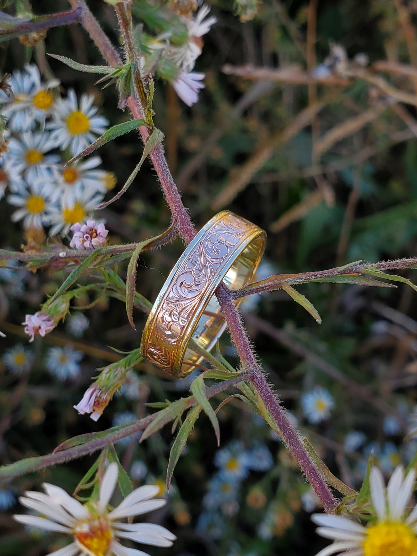 The Ellis: 14K Rose and Yellow Gold Western Wedding Band, Hand-Engraved Cowboy Wedding Ring, Cowgirl Ring, Rose Gold Men's Wedding Band, Scrollwork Wedding Ring, Western Wedding Ring