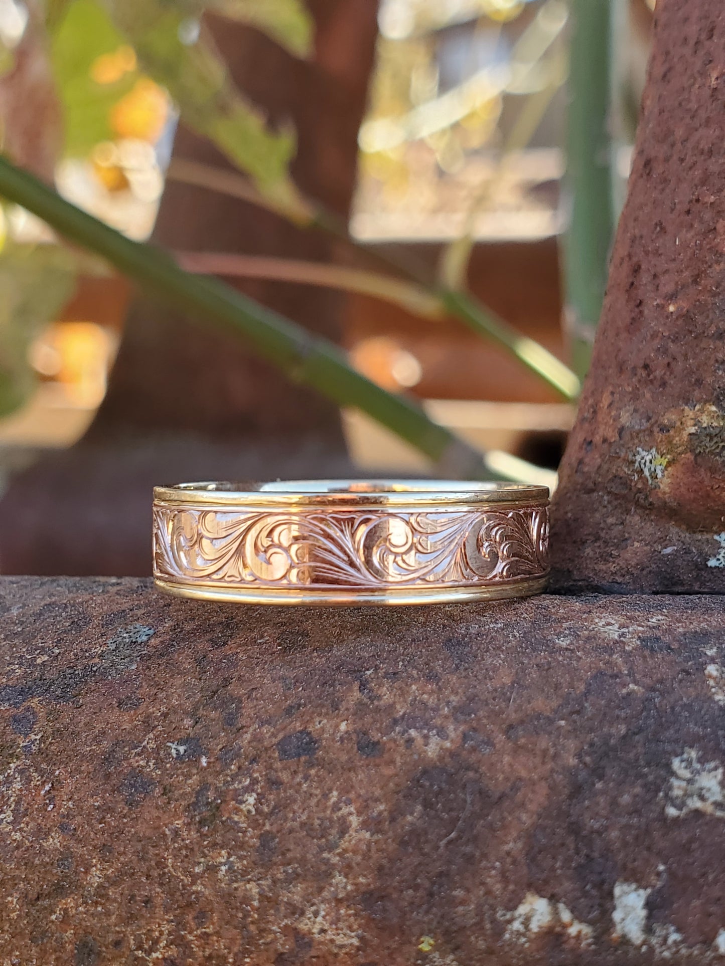 The Ellis: 14K Rose and Yellow Gold Western Wedding Band, Hand-Engraved Cowboy Wedding Ring, Cowgirl Ring, Rose Gold Men's Wedding Band, Scrollwork Wedding Ring, Western Wedding Ring