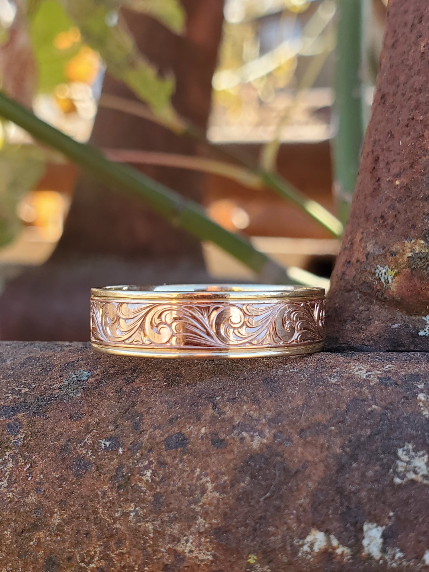 The Ellis: 14K Rose and Yellow Gold Western Wedding Band, Hand-Engrave
