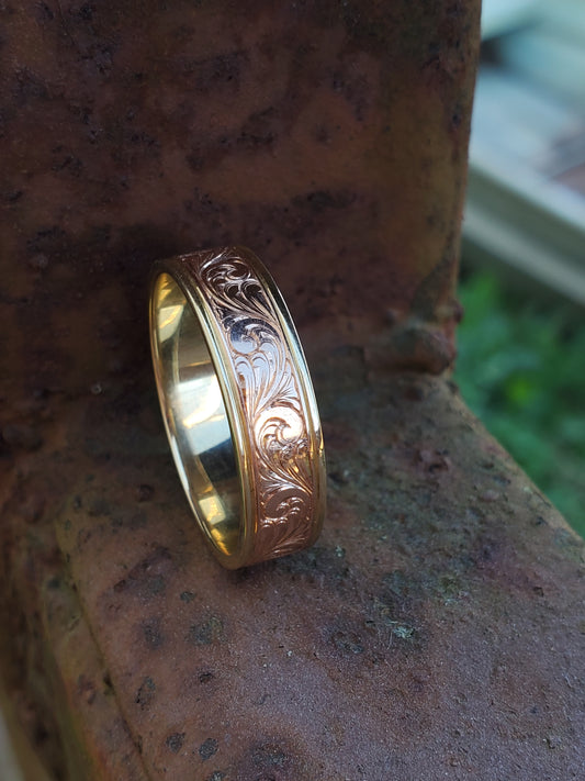 The Ellis: 14K Rose and Yellow Gold Western Wedding Band, Hand-Engraved Cowboy Wedding Ring, Cowgirl Ring, Rose Gold Men's Wedding Band, Scrollwork Wedding Ring, Western Wedding Ring