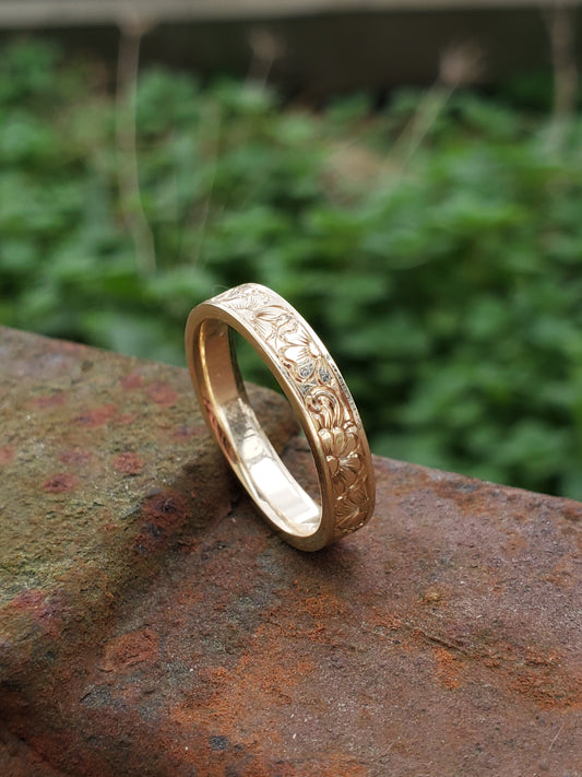 The Carnation: Narrow Floral Engraved Yellow Gold Band, Western Wedding Band, Cowgirl Wedding Ring, Engraved Flower Ring