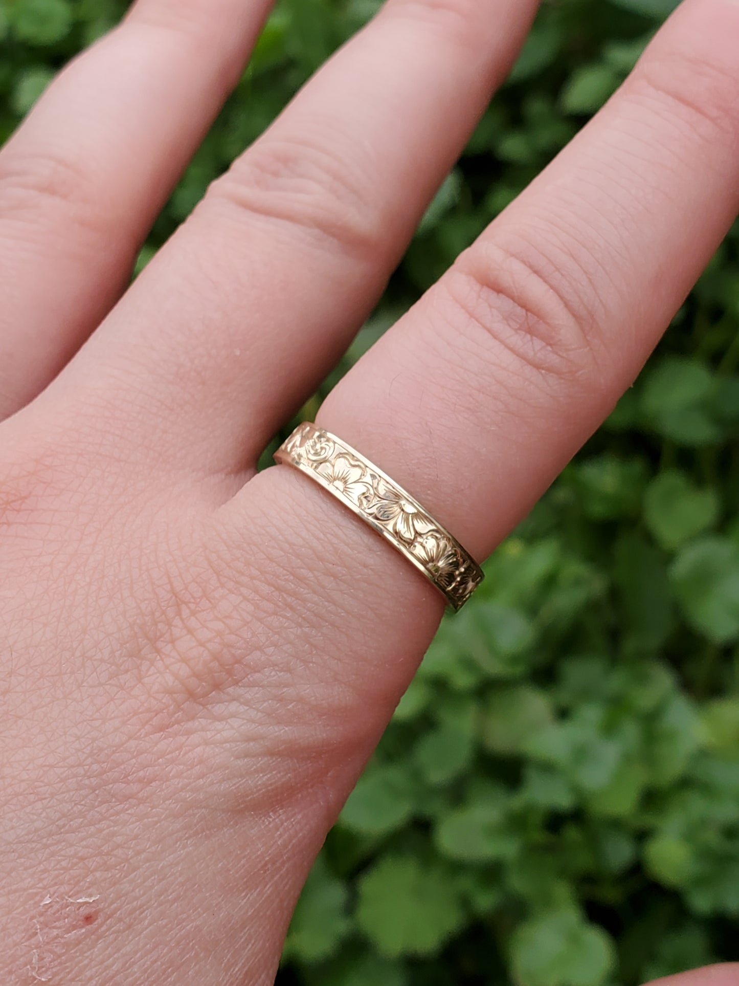 The Carnation: Narrow Floral Engraved Yellow Gold Band, Western Wedding Band, Cowgirl Wedding Ring, Engraved Flower Ring