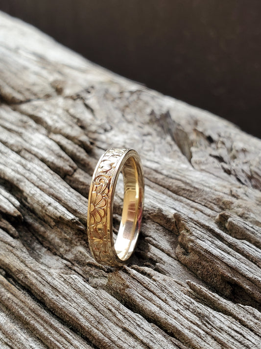 The Carnation: Narrow Floral Engraved Yellow Gold Band, Western Wedding Band, Cowgirl Wedding Ring, Engraved Flower Ring