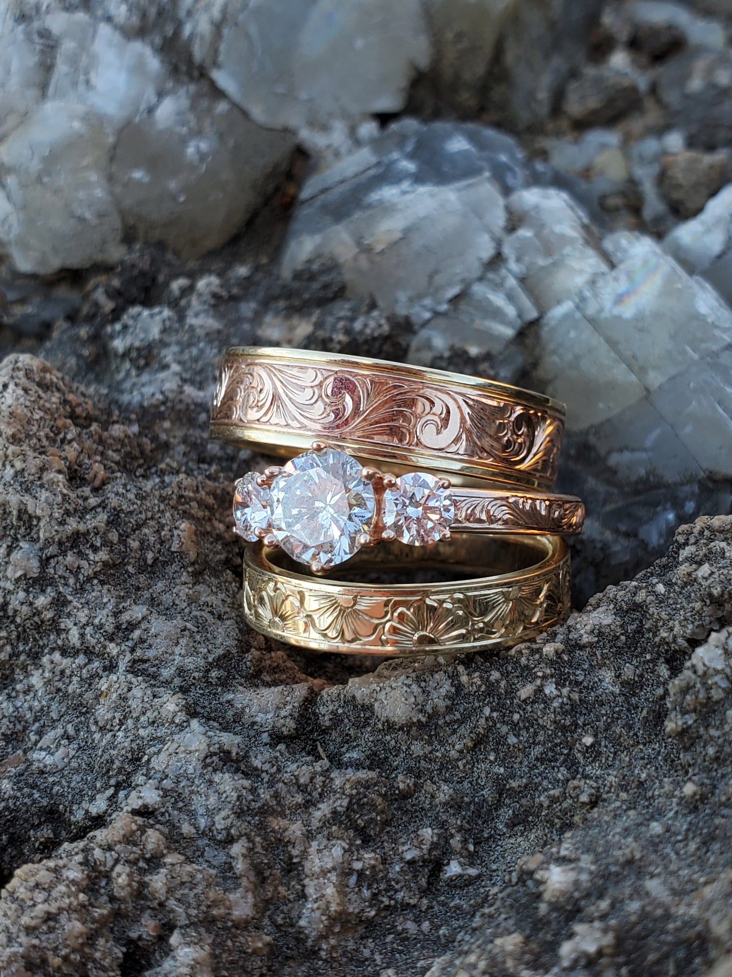 The Emmeline: Three Stoned Engagement Ring, Cowgirl Engagement Ring, Rose Gold Engagement Ring, Western Hand-Engraved Ring