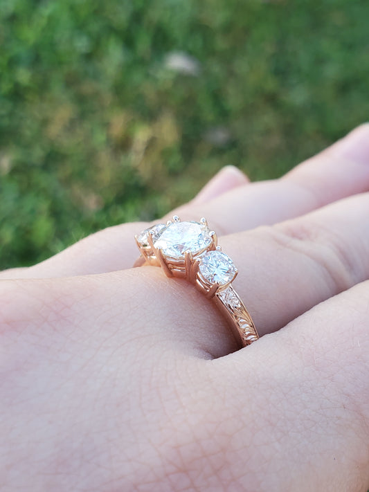 The Emmeline: Three Stoned Engagement Ring, Cowgirl Engagement Ring, Rose Gold Engagement Ring, Western Hand-Engraved Ring